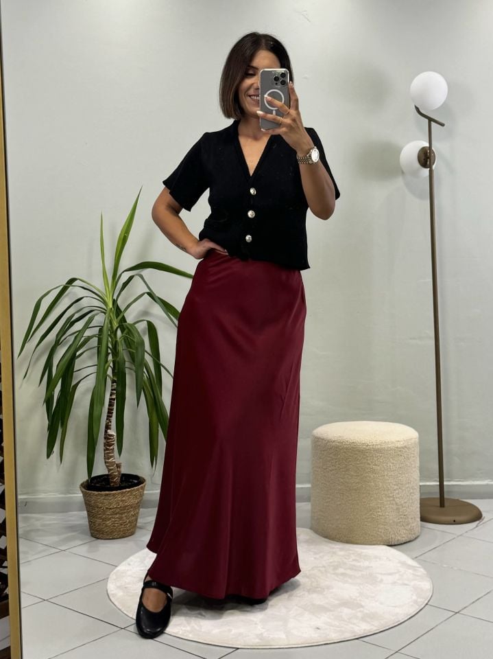 Maxi Beli Lastikli Saten Etek Bordo