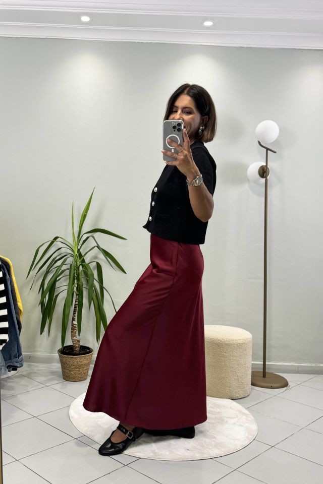 Maxi Beli Lastikli Saten Etek Bordo