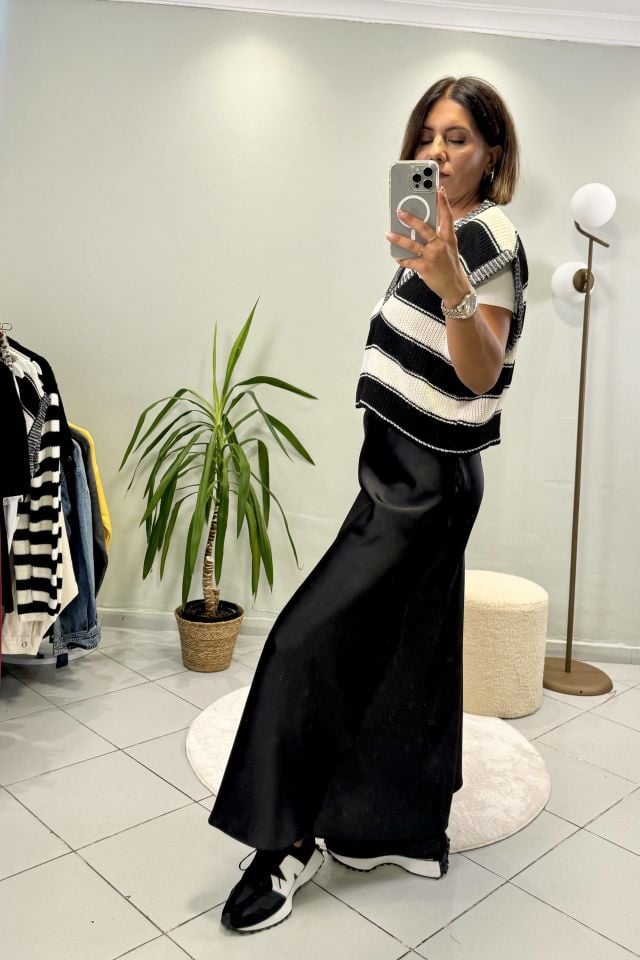 Maxi Beli Lastikli Saten Etek Siyah