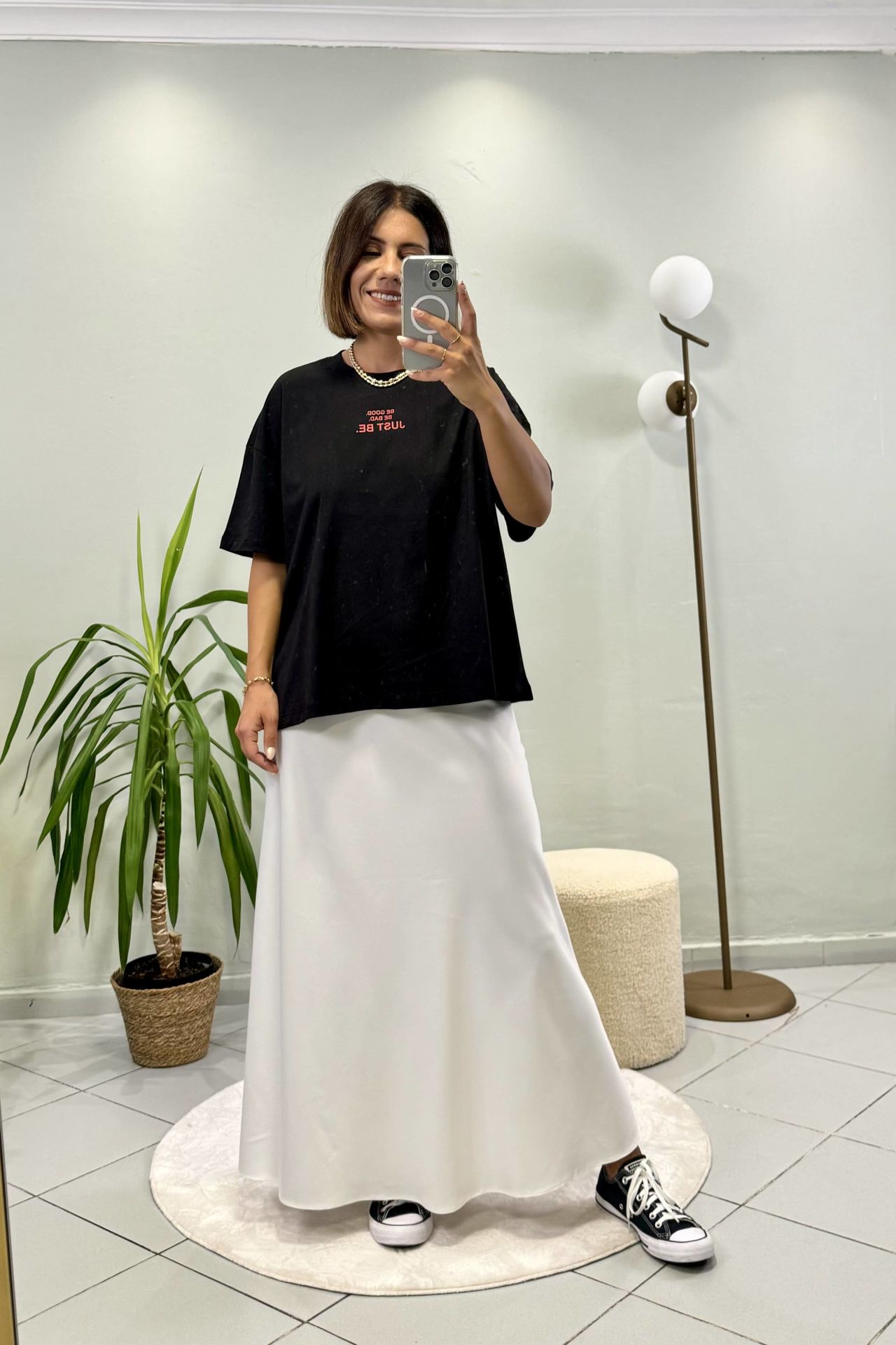 Maxi Beli Lastikli Saten Etek Beyaz