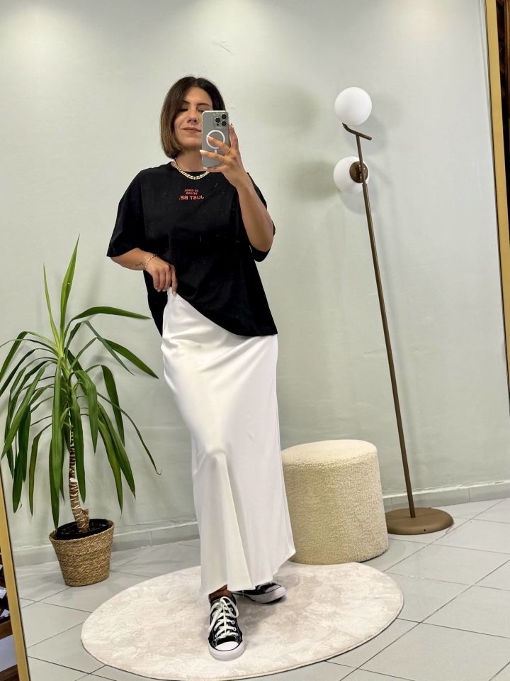 Maxi Beli Lastikli Saten Etek Beyaz