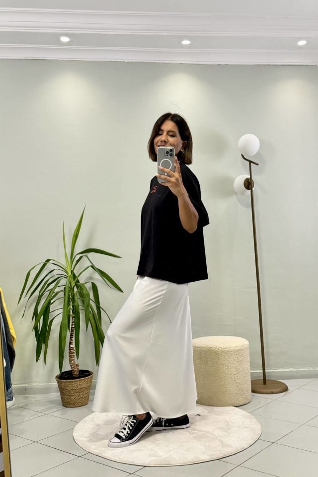 Maxi Beli Lastikli Saten Etek Beyaz