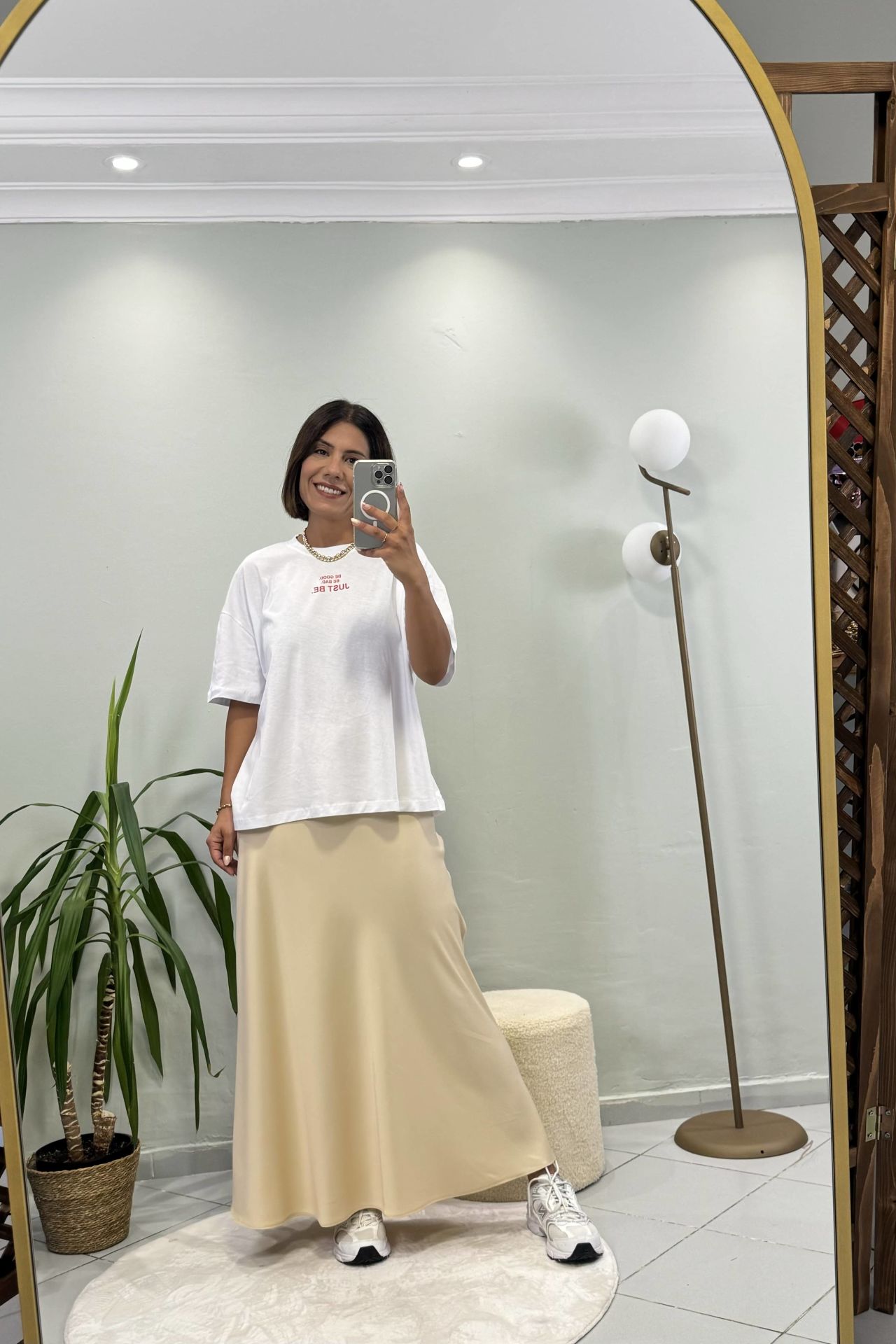 Maxi Beli Lastikli Saten Etek Bej