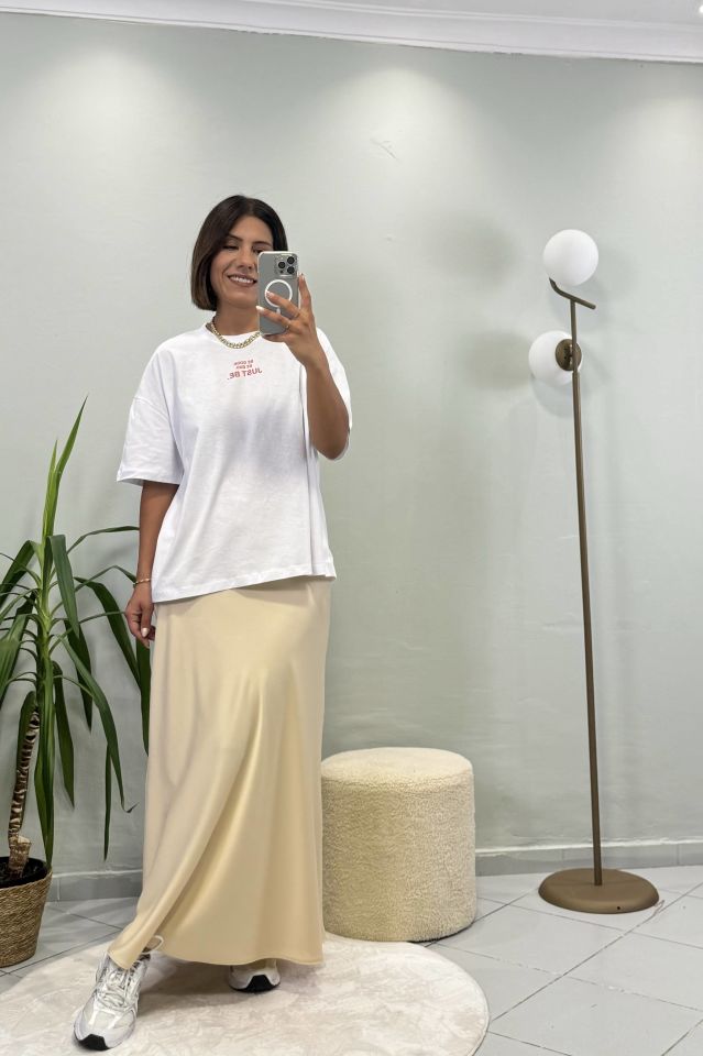 Maxi Beli Lastikli Saten Etek Bej