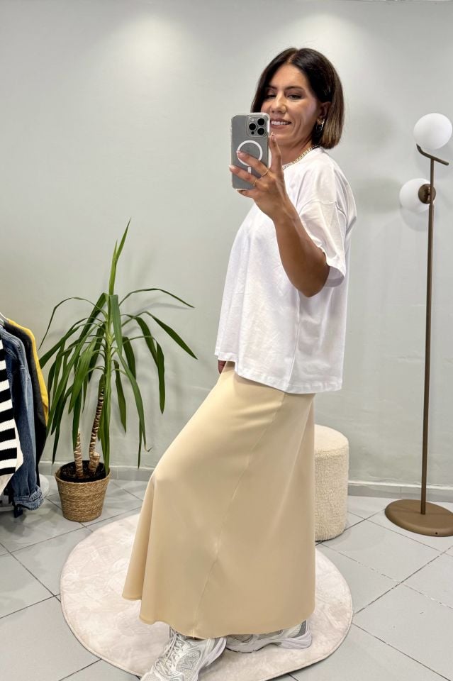 Maxi Beli Lastikli Saten Etek Bej