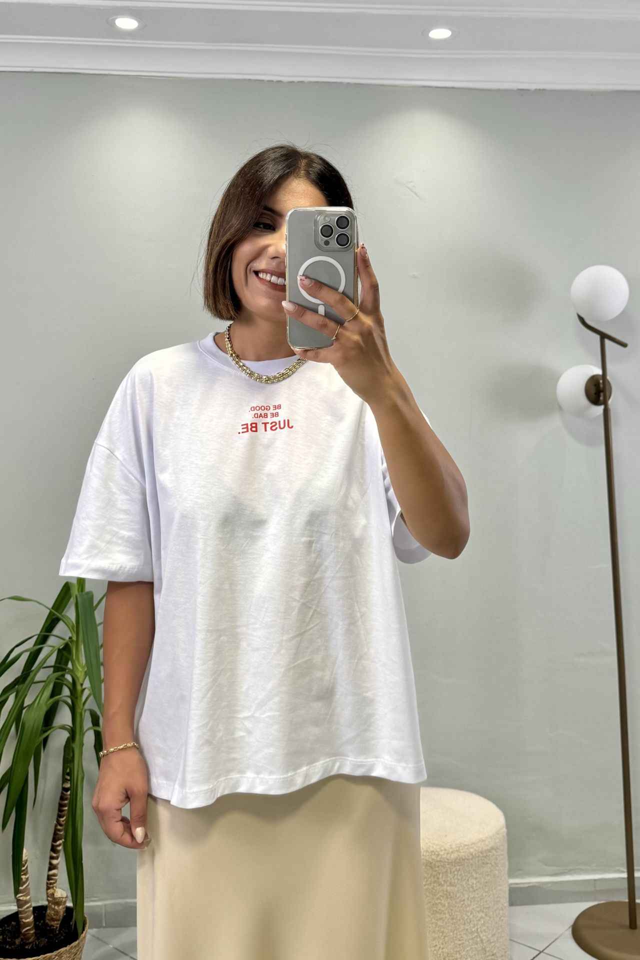 Oversize Kısa Kollu Baskılı T-shirt Beyaz