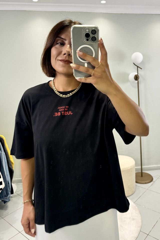 Oversize Kısa Kollu Baskılı T-shirt Siyah