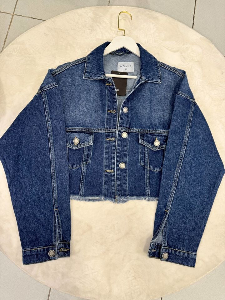Kesik Etekli Crop Jean Ceket Koyu Mavi
