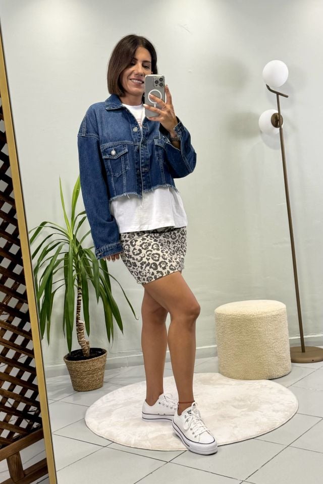 Kesik Etekli Crop Jean Ceket Koyu Mavi