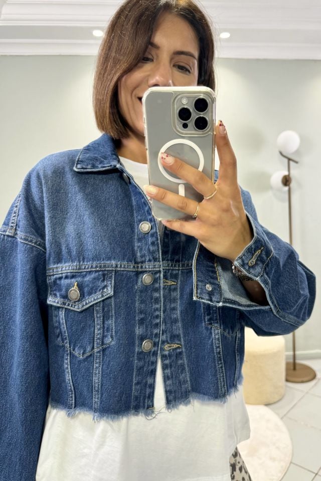 Kesik Etekli Crop Jean Ceket Koyu Mavi