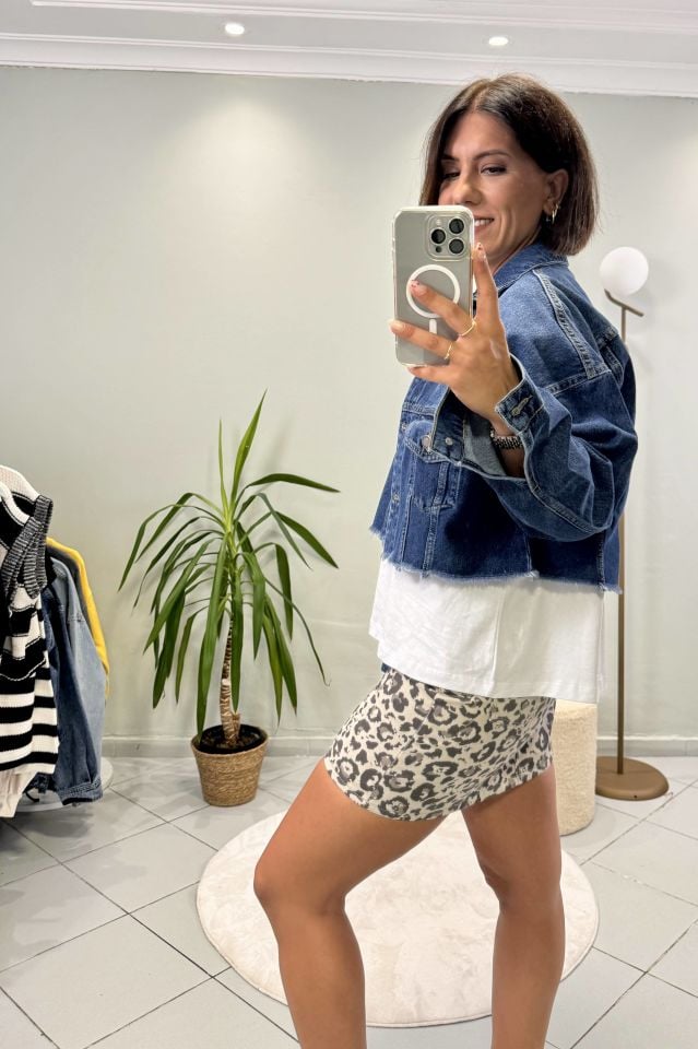 Kesik Etekli Crop Jean Ceket Koyu Mavi