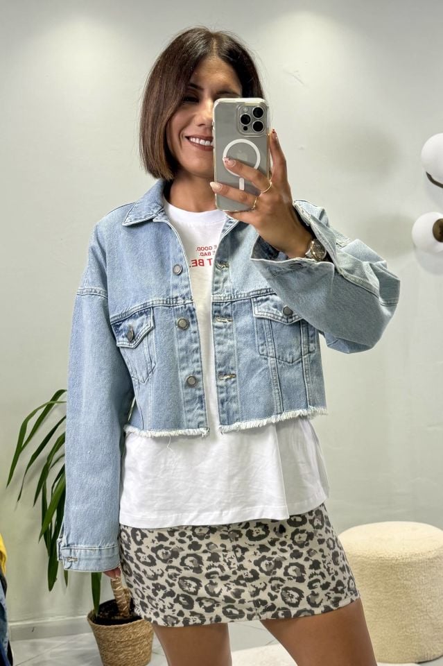 Kesik Etekli Crop Jean Ceket Açık Mavi