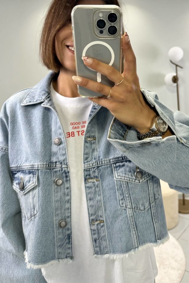 Kesik Etekli Crop Jean Ceket Açık Mavi