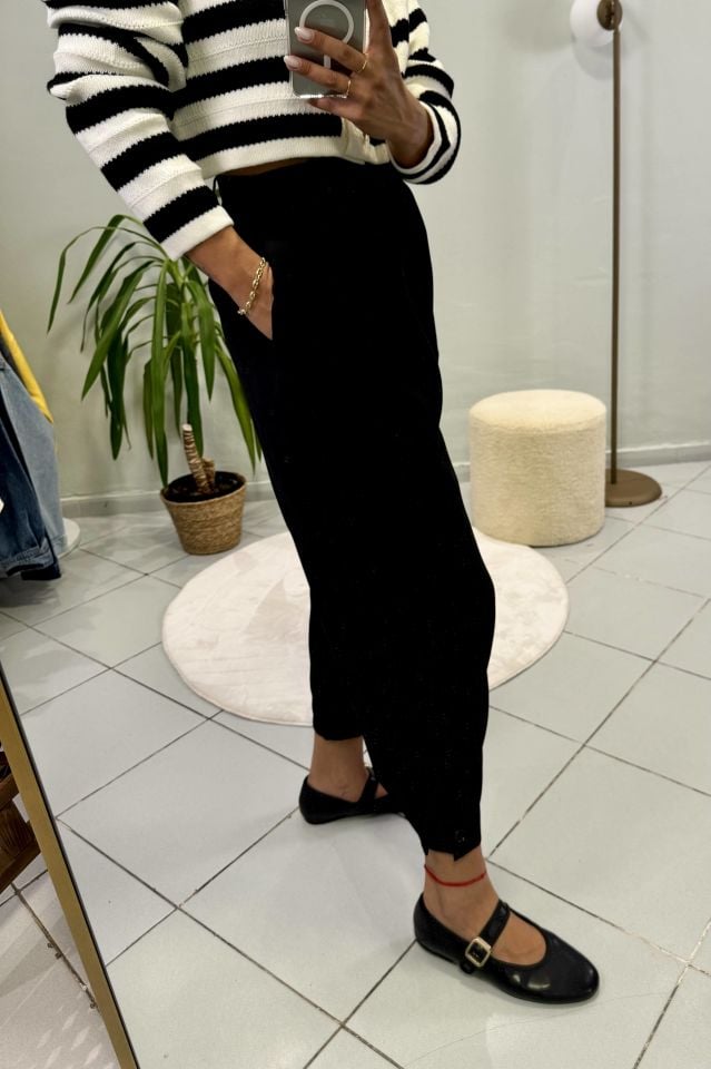 Pileli Havuç Model Bileği Düğmeli Pantolon Siyah