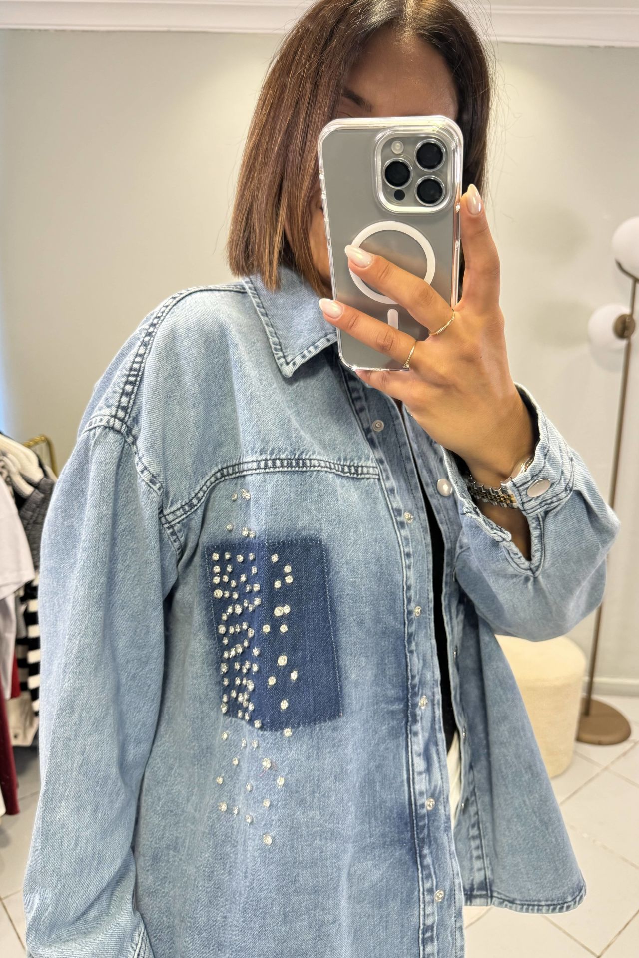 Taşlı Detaylı Jean Oversize Gömlek