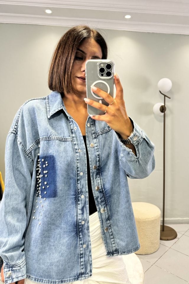 Taşlı Detaylı Jean Oversize Gömlek