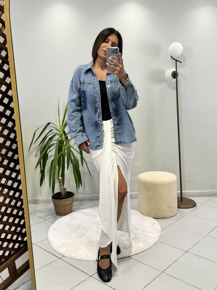 Taşlı Detaylı Jean Oversize Gömlek