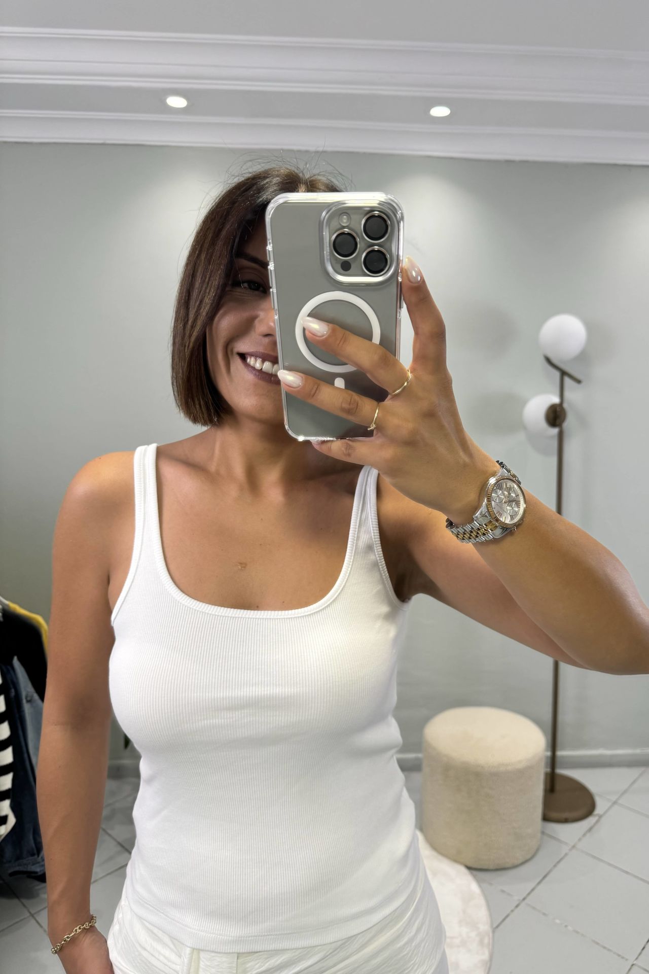 Kare Yaka İnce Askılı Fitilli Top Beyaz