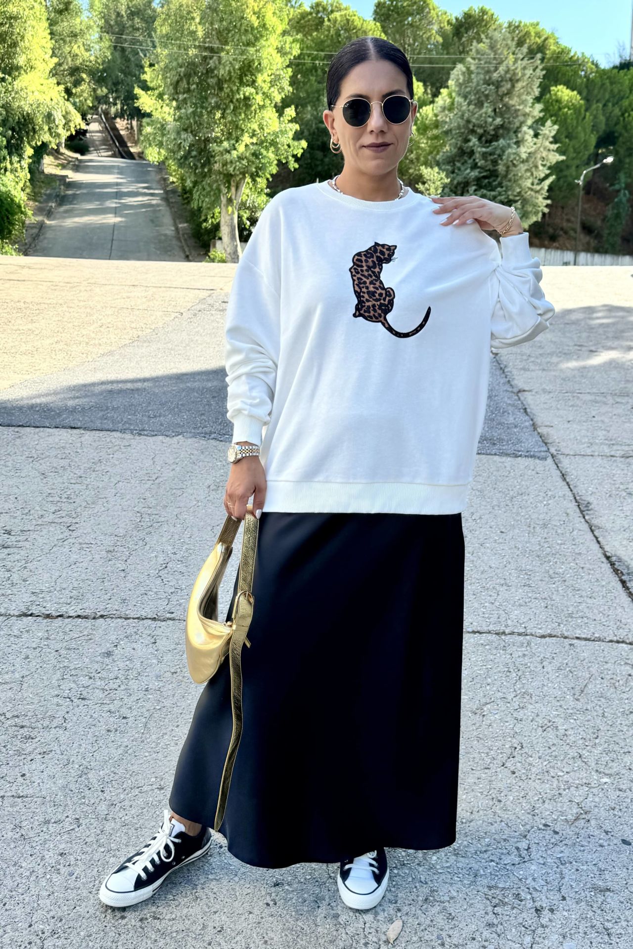 Leopar Nakışlı Sweatshirt Beyaz