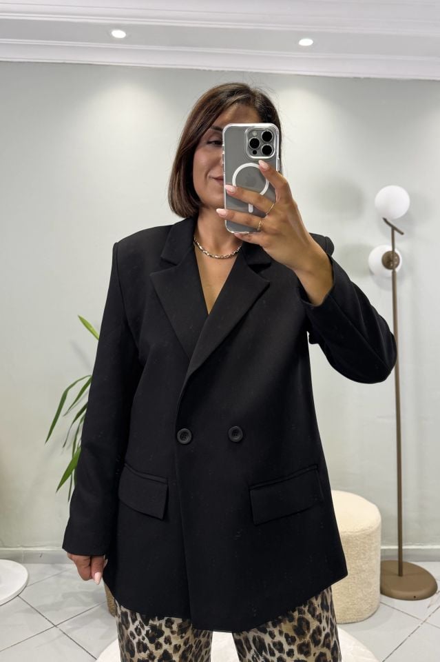 Kruvaze Siyah Astarlı Blazer Siyah