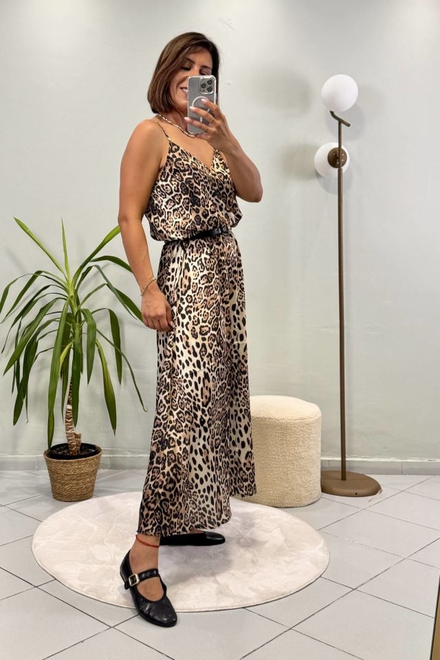 Saten Leopar Desenli Maxi Elbise
