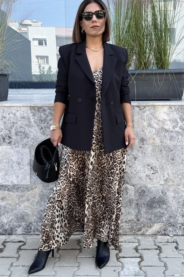 Saten Leopar Desenli Maxi Elbise