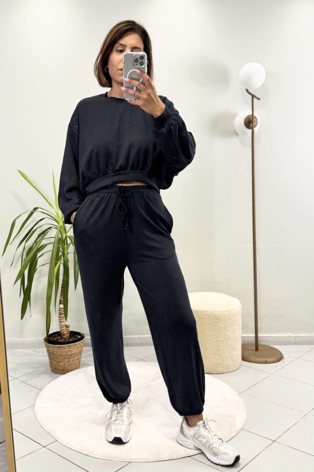 Modal Kumaş Crop Sweatshirtlü Pantolon Takım Füme