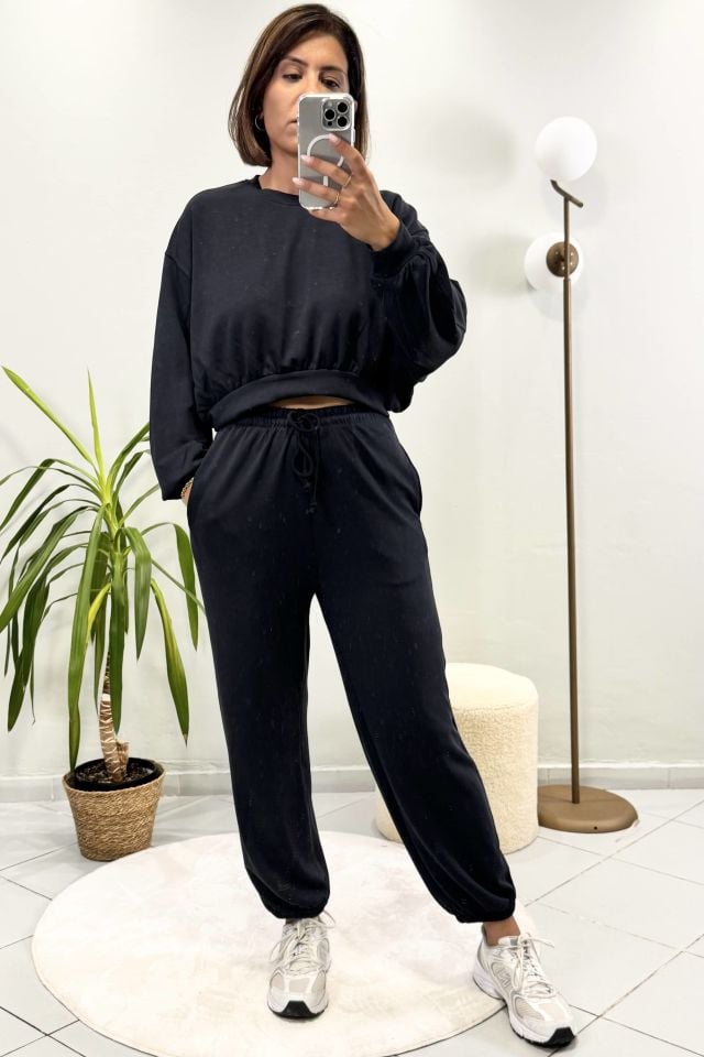 Modal Kumaş Crop Sweatshirtlü Pantolon Takım Füme