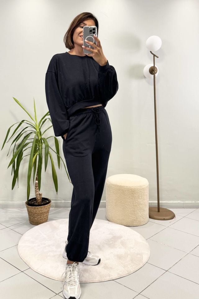 Modal Kumaş Crop Sweatshirtlü Pantolon Takım Füme