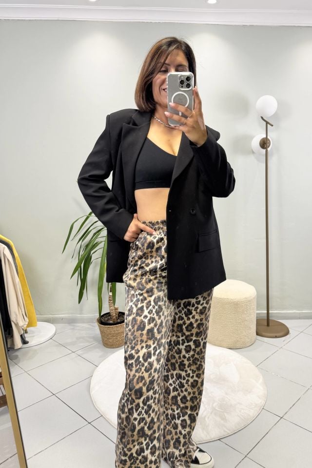 Leopar Desenli Bağcıklı Pantolon