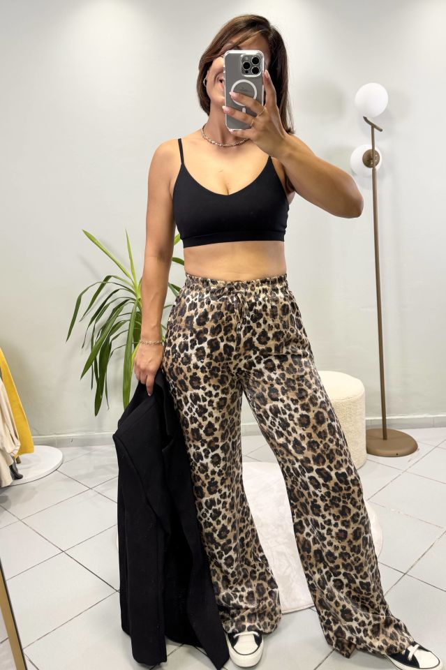 Leopar Desenli Bağcıklı Pantolon