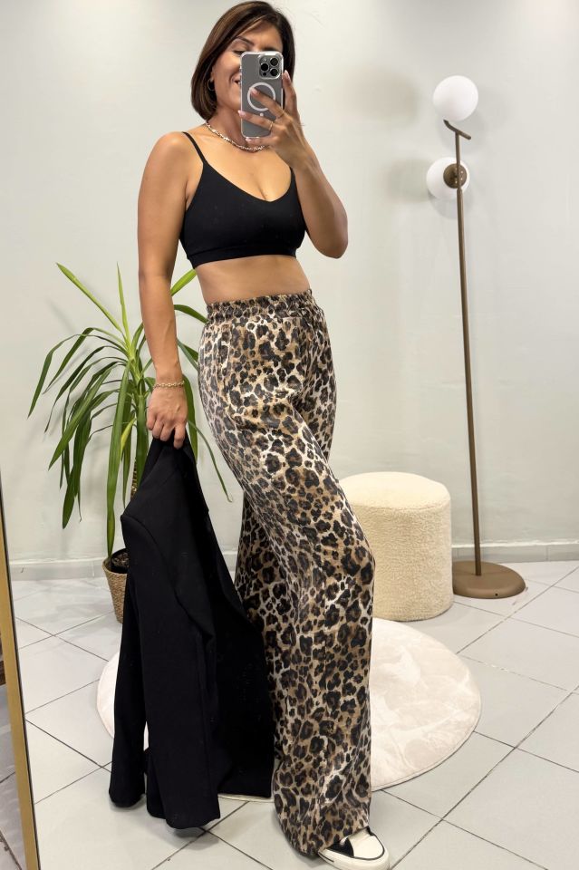 Leopar Desenli Bağcıklı Pantolon