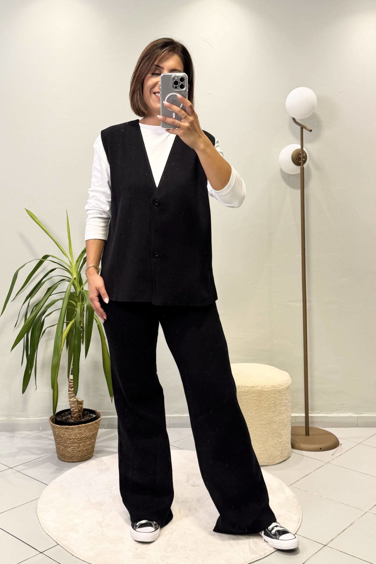 Triko V Yaka Yelekli Pantolon Takım Siyah