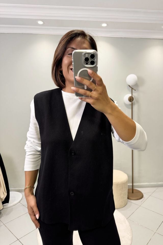 Triko V Yaka Yelekli Pantolon Takım Siyah