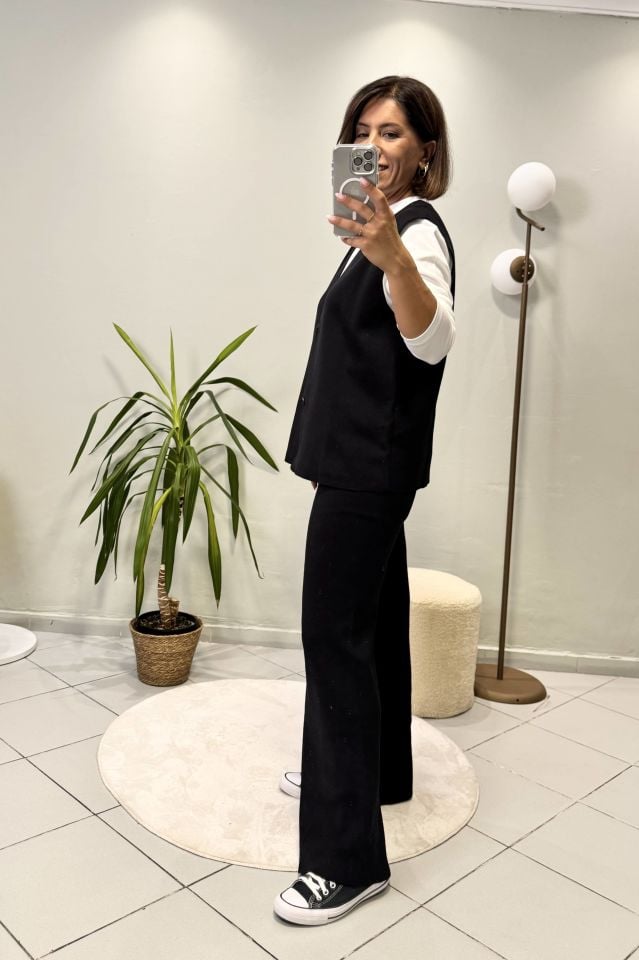 Triko V Yaka Yelekli Pantolon Takım Siyah