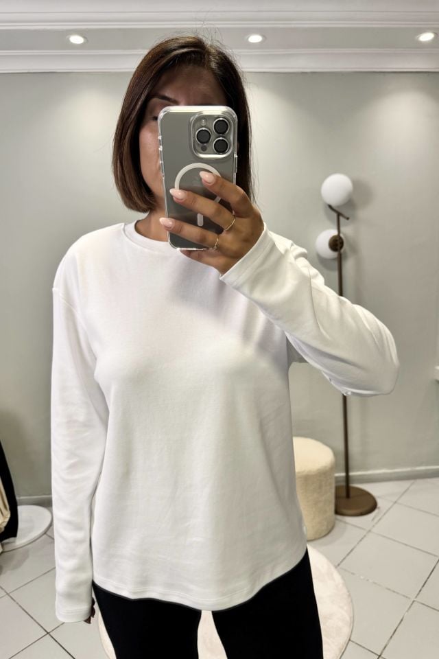 Bisiklet Yaka Uzun Kol Pamuklu T-shirt Beyaz