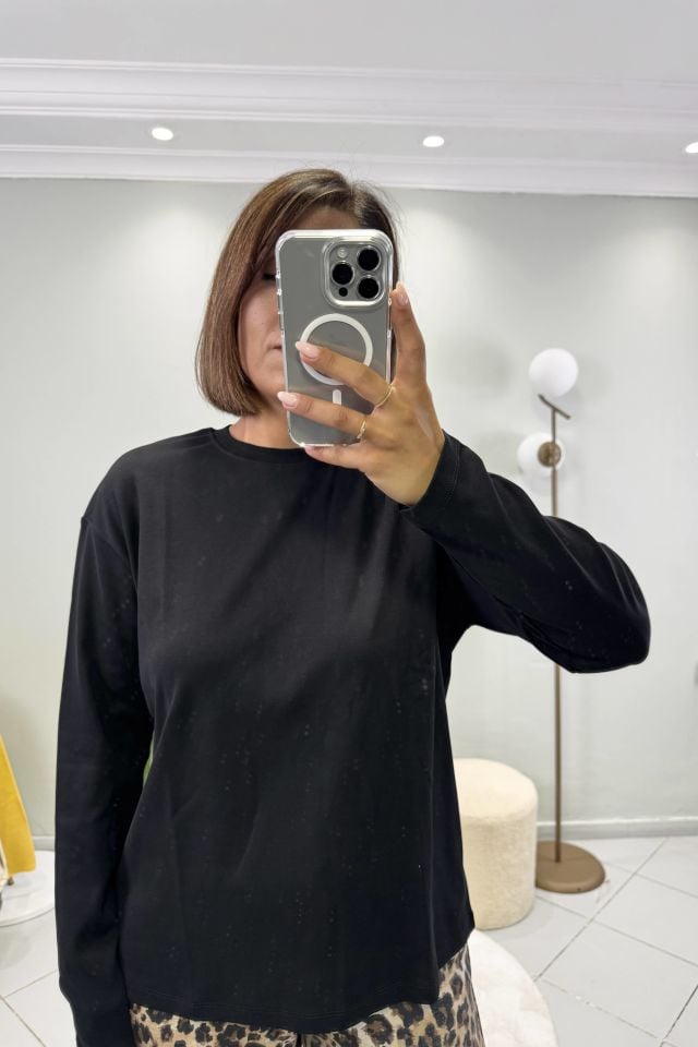 Bisiklet Yaka Uzun Kol Pamuklu T-shirt Siyah
