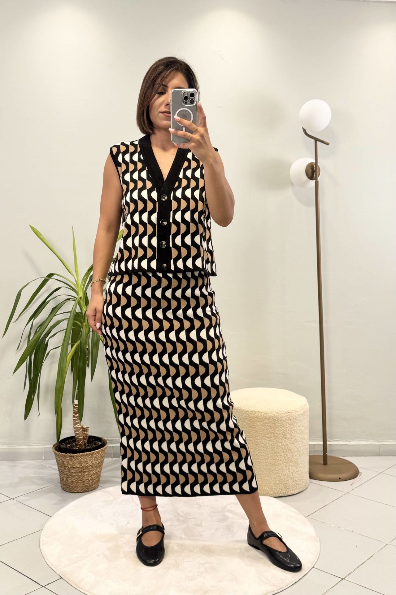 Triko Geometrik Desenli Yelek Etek Takım Siyah