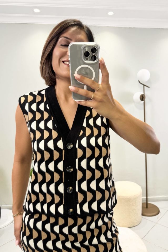 Triko Geometrik Desenli Yelek Etek Takım Siyah