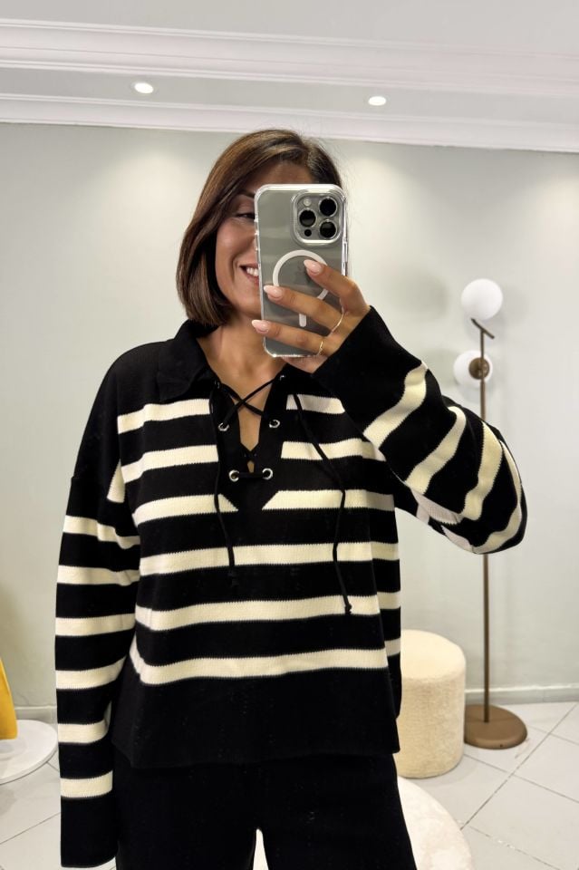 Triko Çizgili Bağcıklı Yaka Kazak Pantolon Takım Siyah