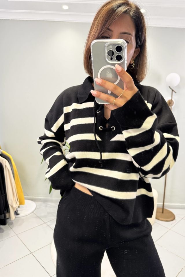 Triko Çizgili Bağcıklı Yaka Kazak Pantolon Takım Siyah