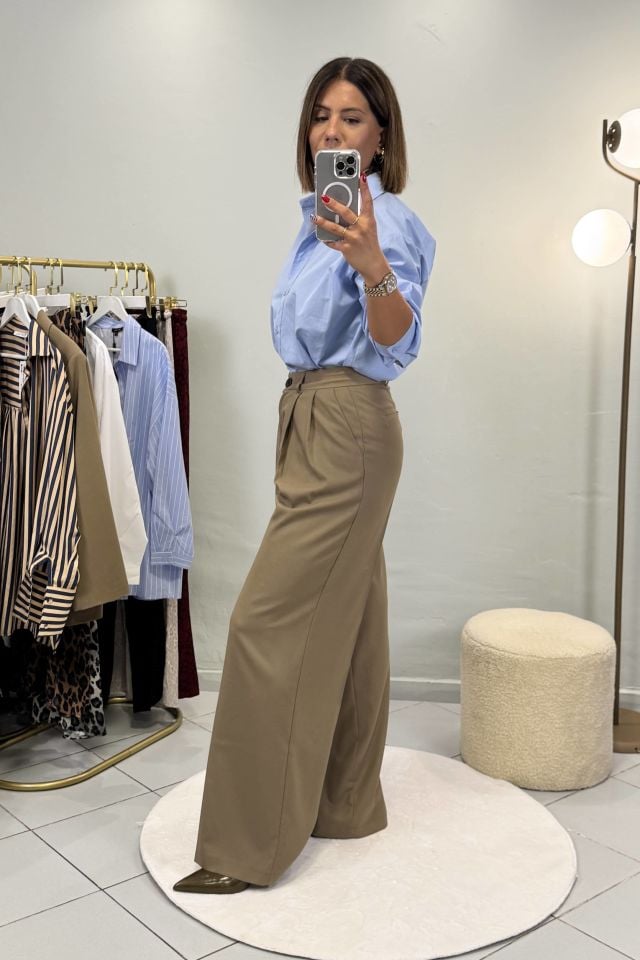 Poliviskon Çift Pile Palazzo Pantolon Yağ Yeşili