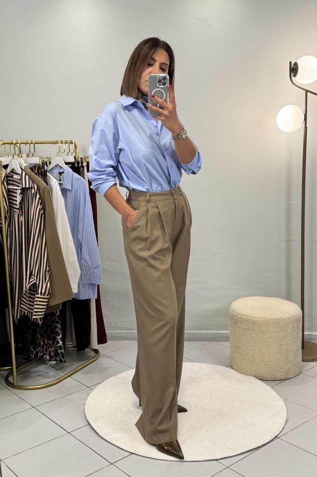 Poliviskon Çift Pile Palazzo Pantolon Yağ Yeşili