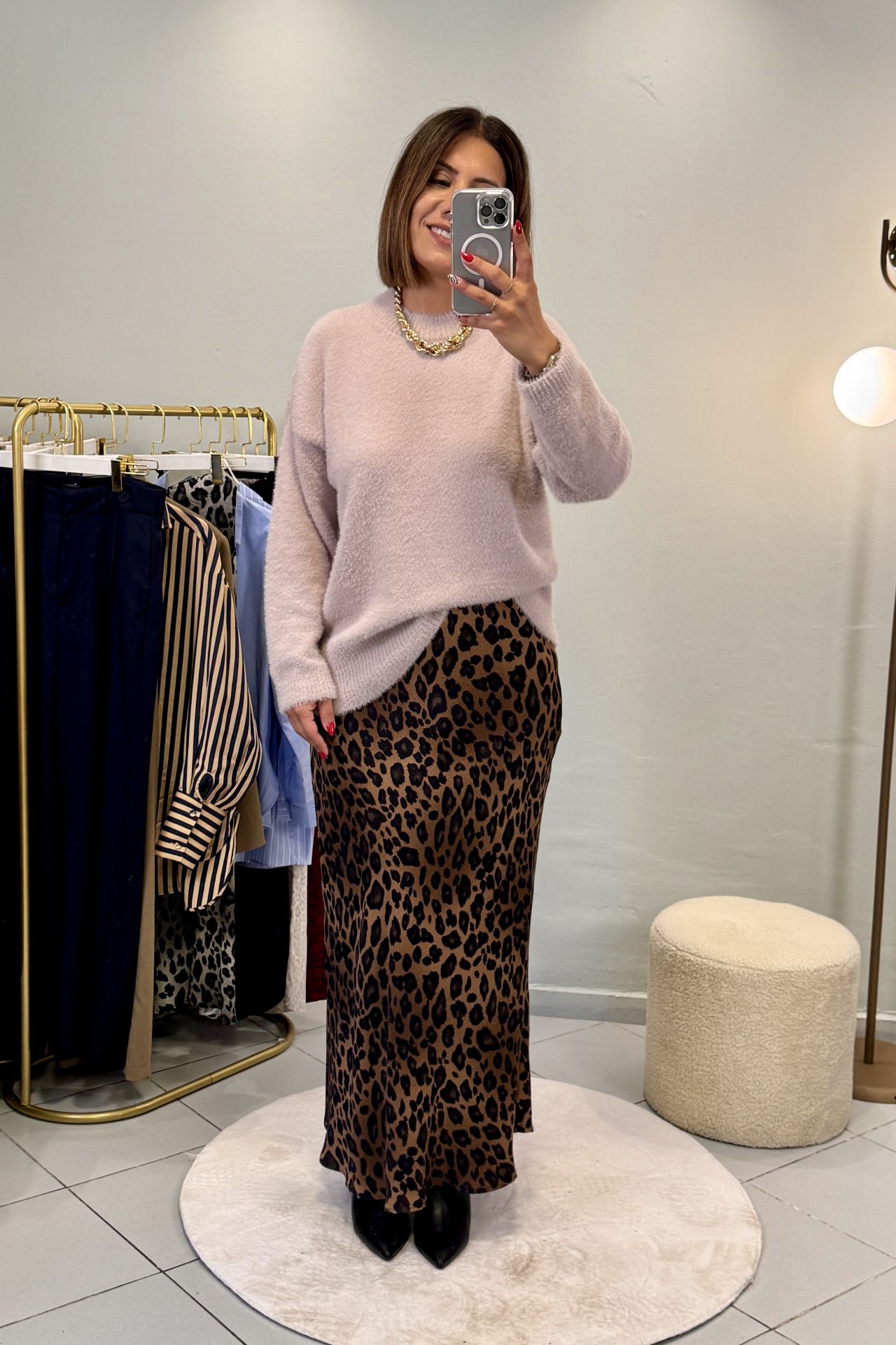 Leopar Saten Maxi Etek Kahve