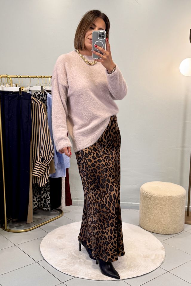 Leopar Saten Maxi Etek Kahve
