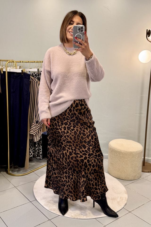 Leopar Saten Maxi Etek Kahve