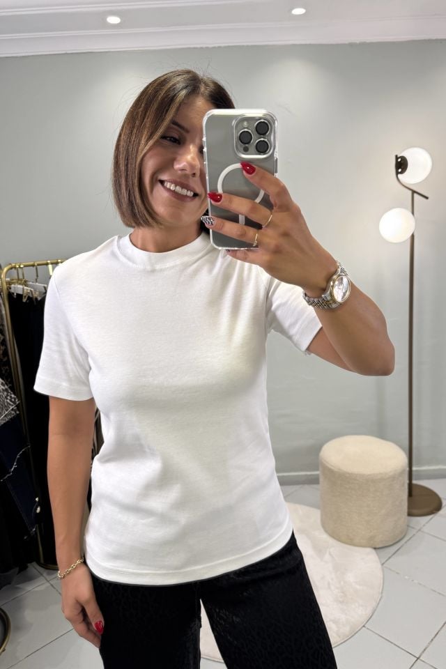 MD Bisiklet Yaka Pamuklu Kısa Kollu T-shirt Beyaz