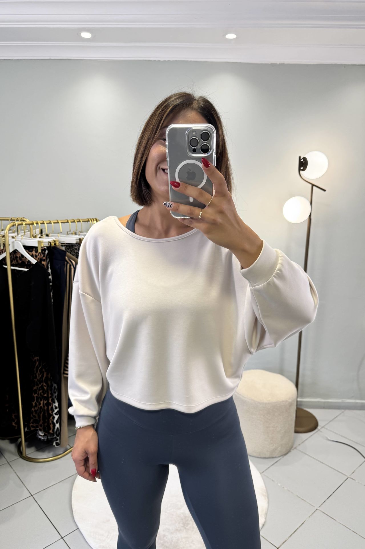 Modal Sırt Dekolteli Sweatshirt Ekru