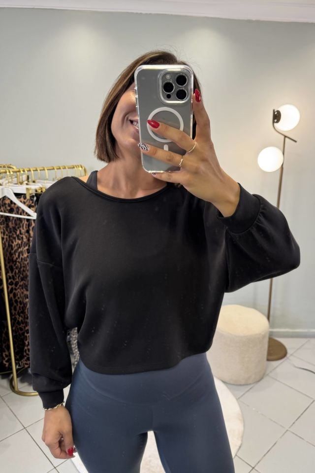 Modal Sırt Dekolteli Sweatshirt Siyah