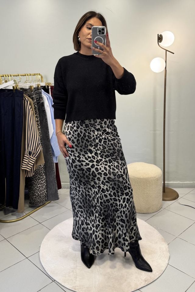Leopar Saten Maxi Etek Gri